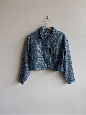 Cropped Blue Tweed Sequin Jacket by MNYLVA
